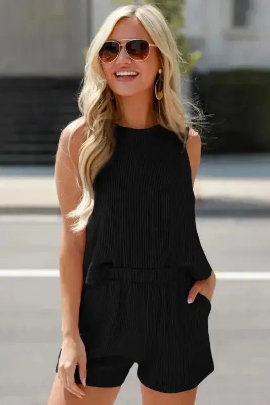 Corded Tank Top and Shorts Set-4