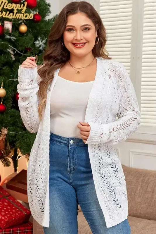 Cozy Comfort Plus Size White Eyelet Cardigan-0