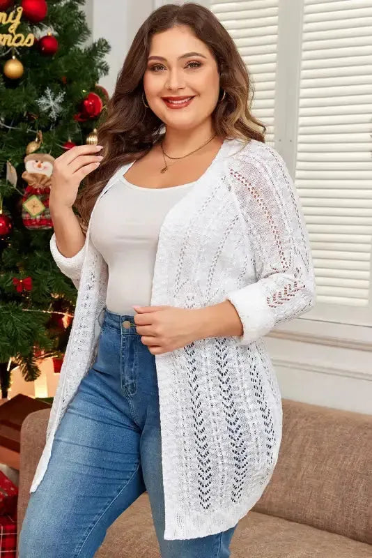 Cozy Comfort Plus Size White Eyelet Cardigan-2